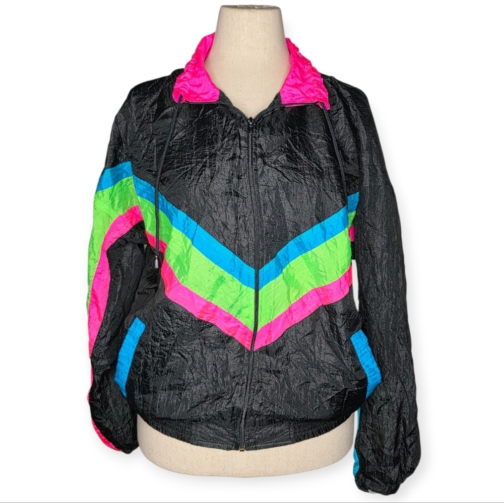 Vintage Active Elements Neon Colorblock Windbreaker Jacket 80s 90s L